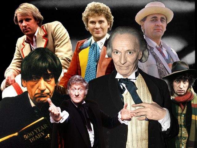 I Dottori della serie classica: in alto da sinistra Peter Davison, Colin Baker e Sylvester McCoy, Patrick Troughton, Jon Pertwee, Willian Hartnell e Tom Baker