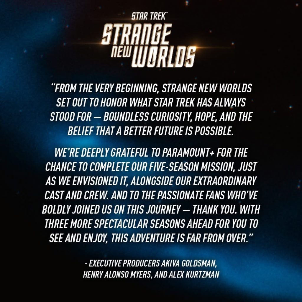 Logo di Star Trek: Strange New Worlds con una citazione dei produttori che ringraziano i fan e Paramount+ per aver completato la missione di cinque stagioni.