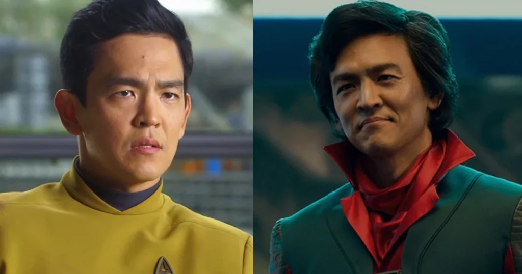 Un'immagine divisa mostra John Cho come Sulu in uniforme gialla di Star Trek Kelvinverse a sinistra, e come Capitano Hossein in abito verde e sciarpa rossa da "The Rise and Fall of Sanctuary Moon" a destra.