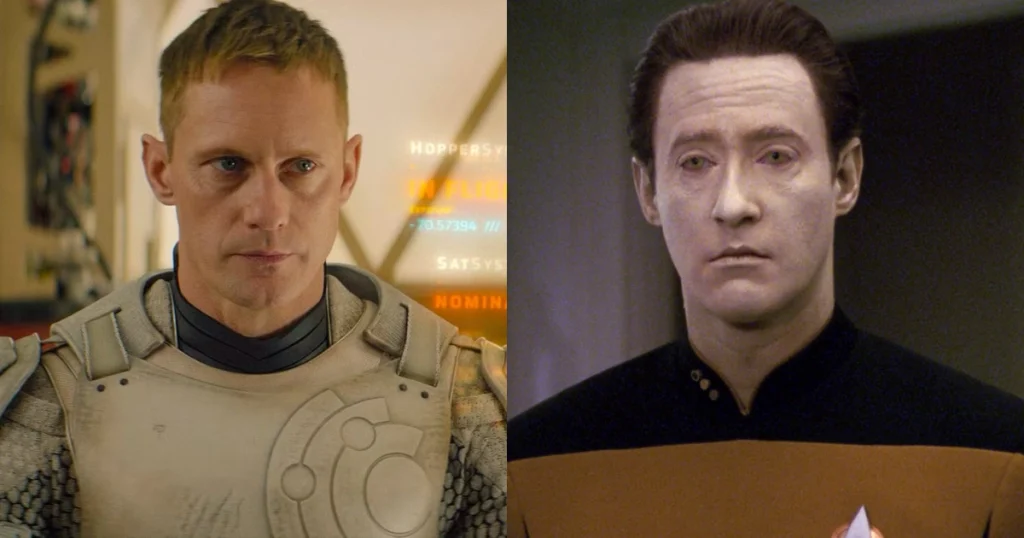 Immagine divisa che mostra Alexander Skarsgård come Murderbot a sinistra e Brent Spiner come Data di Star Trek a destra.
