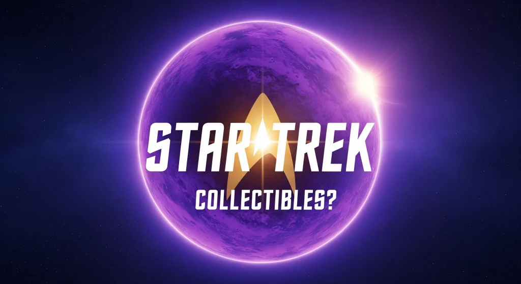 Logo di Star Trek con scritta "Star Trek Collectibles?" su un pianeta violaceo illuminato da una luce intensa.