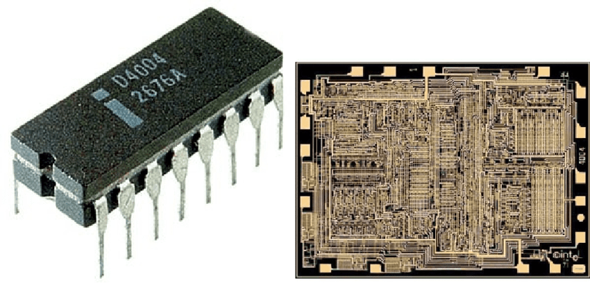 Immagine affiancata del microprocessore Intel 4004: a sinistra il chip confezionato con i suoi pin, a destra la sua complessa architettura interna.