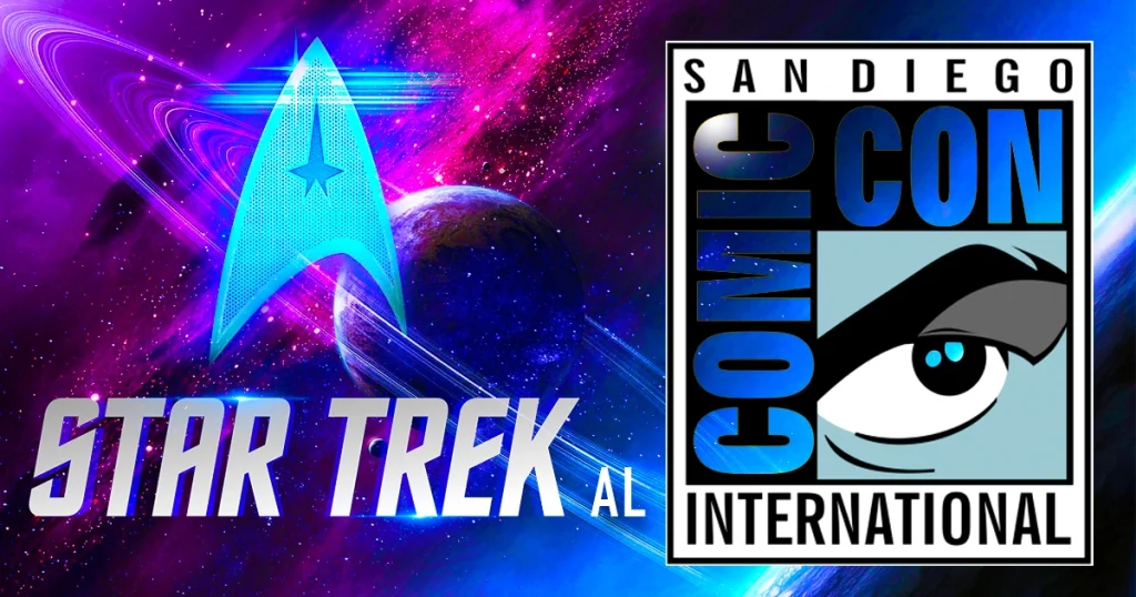 Poster per articolo riguardante Star Trek al San Diego Comic-Con International con logo della Flotta Stellare.