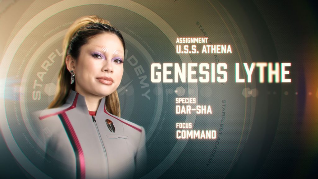 Ritratto di Genesis Lythe, una Dar-Sha in uniforme di Starfleet Academy, con dettagli sulle sue caratteristiche: Assegnazione USS Athena, Specie Dar-Sha, Focus Comando.