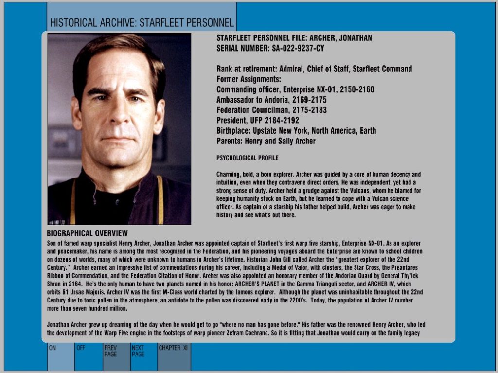 Dossier di personale di Starfleet del Capitano Jonathan Archer, con una foto del personaggio e dettagli sul suo grado, incarichi, profilo psicologico e biografia.
