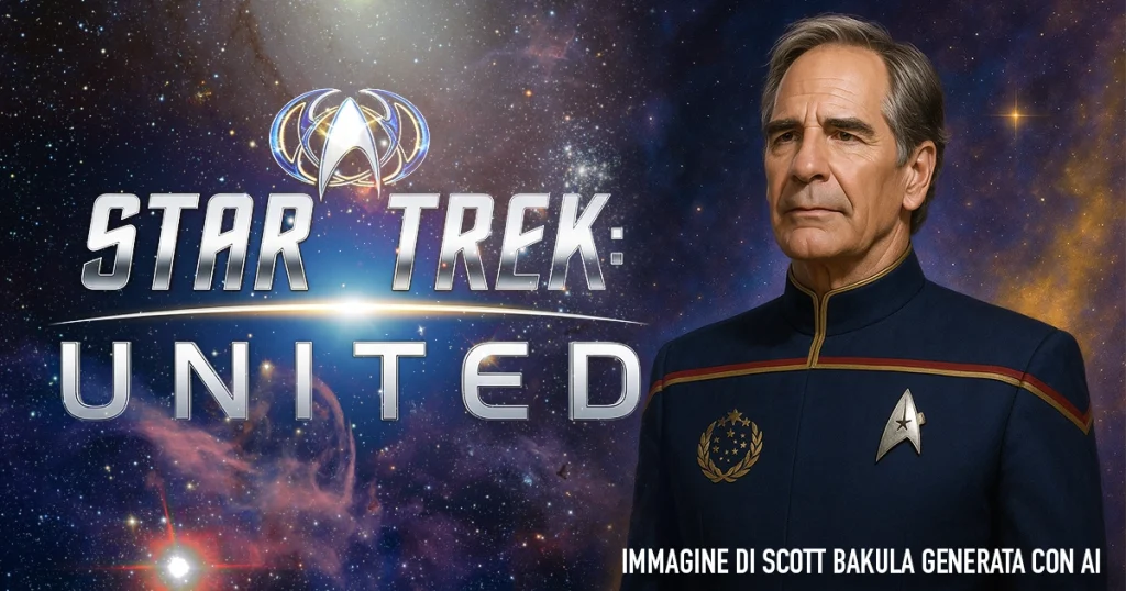 L'attore Scott Bakula in uniforme della Flotta Stellare, in primo piano contro uno sfondo spaziale con la scritta "STAR TREK: UNITED".