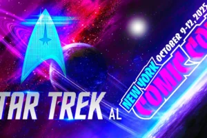 Logo di Star Trek e logo del New York Comic Con su uno sfondo spaziale viola e rosa brillante con pianeti e anelli. L'evento è dal 9 al 12 ottobre 2025.