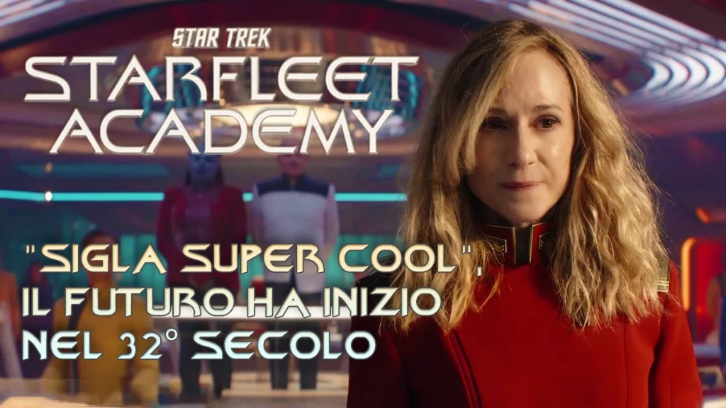 Immagine di un articolo di extratrek.it che presenta l'attrice Holly Hunter nei panni del rettore Nahla Ake dalla serie "Star Trek: Academy". Il logo di "STAR TREK" e "STARFLEET ACADEMY" è in cima. Sotto, il testo "SIGLA SUPER COOL" e "IL FUTURO HA INIZIO NEL 32° SECOLO".
