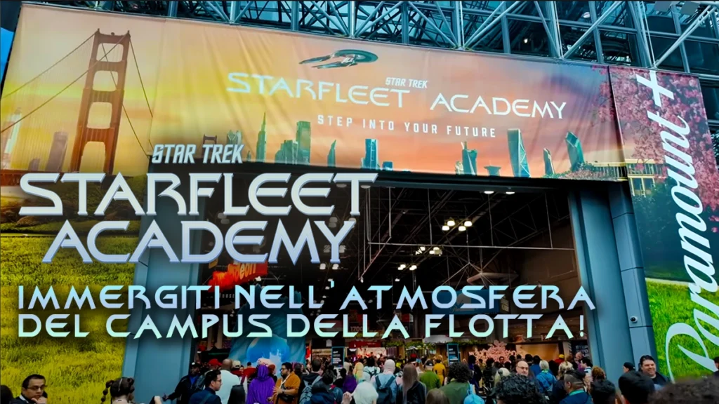 Banner della Starfleet Academy all'entrata ddel NYCC 2025, con skyline di San Francisco e futuristici edifici della Flotta Stellare.