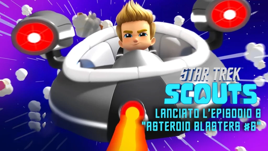 Il personaggio JR di "Star Trek: Scouts" pilota la sua navicella in uno spazio viola pieno di popcorn, con il titolo dell'episodio 6 "Asteroid Blasters #6".
