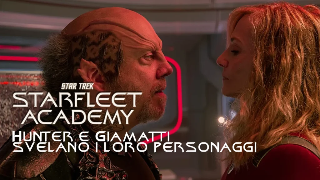 Immagine promozionale della serie "Star Trek: Starfleet Academy" con la scritta in sovrimpressione "STAR TREK STARFLEET ACADEMY HUNTER E GIAMATTI SVELANO I LORO PERSONAGGI" tratta da un articolo di extratrek.it.