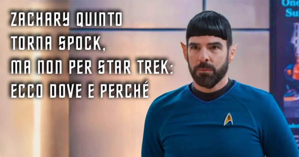 Zachary Quinto vestito da Spock, con uniforme blu e orecchie a punta, in un corridoio d'ospedale.