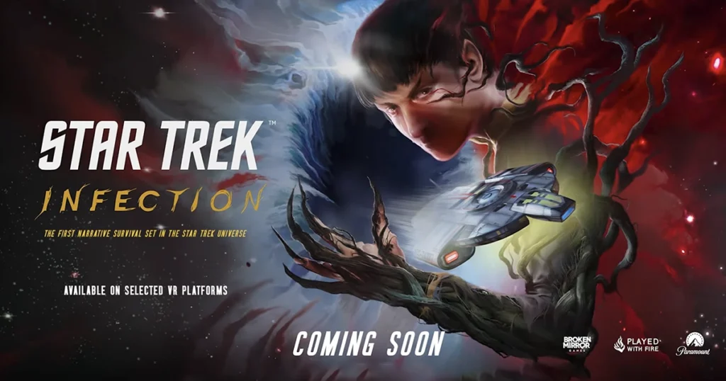 Key art promozionale per il videogioco VR "Star Trek: Infection". Mostra un'astronave della Flotta Stellare, una mano mostruosa simile a radici e il volto di un ufficiale vulcaniano che si fonde con un'entità organica, su uno sfondo spaziale.