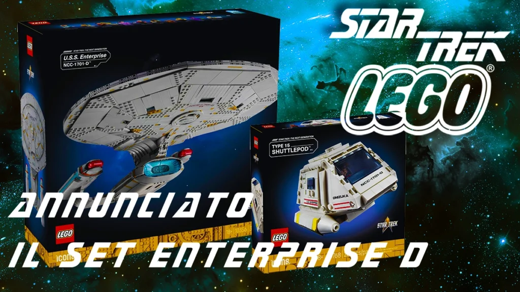 Scatole dei set LEGO Star Trek Enterprise NCC-1701-D e Type 15 Shuttlepod su sfondo spaziale con logo Star Trek LEGO e testo "annunciato il set Enterprise D".
