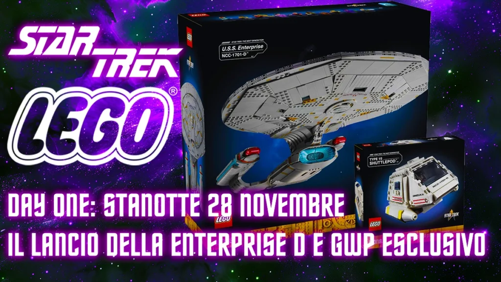 Grafica promozionale Day One LEGO Star Trek: scatole dei set USS Enterprise D e GWP Shuttlepod su sfondo spaziale viola con testo che annuncia il lancio stanotte 28 Novembre.