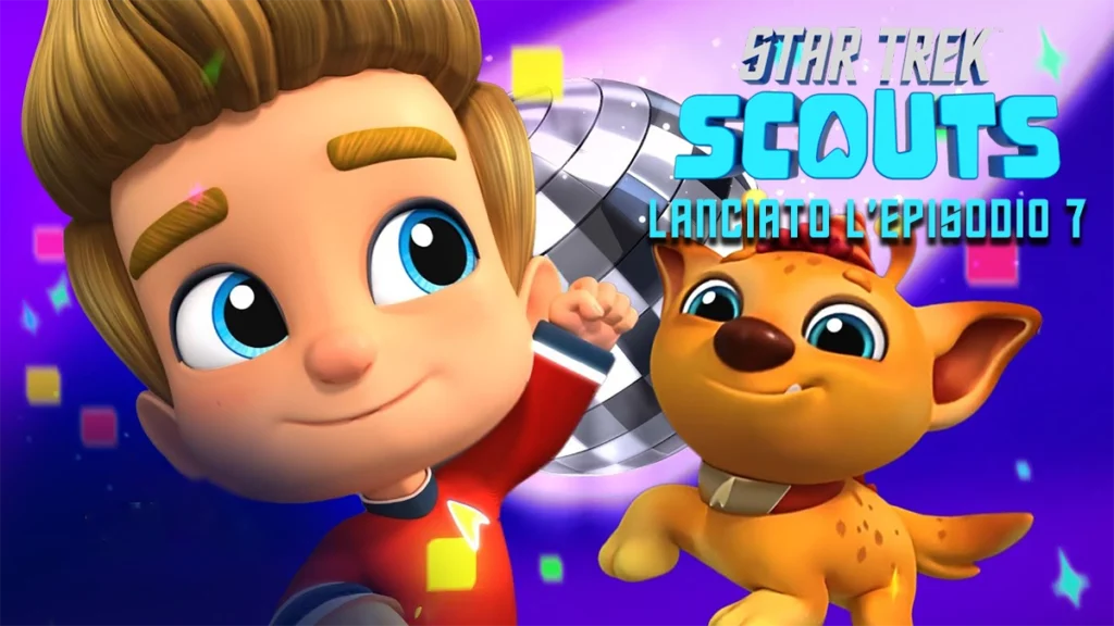 Poster animato di Star Trek Scouts Episodio 7, mostra un bambino con maglia rossa e un animale domestico alieno arancione davanti a una palla da discoteca. Testo: "STAR TREK SCOUTS LANCIATO L'EPISODIO 7".