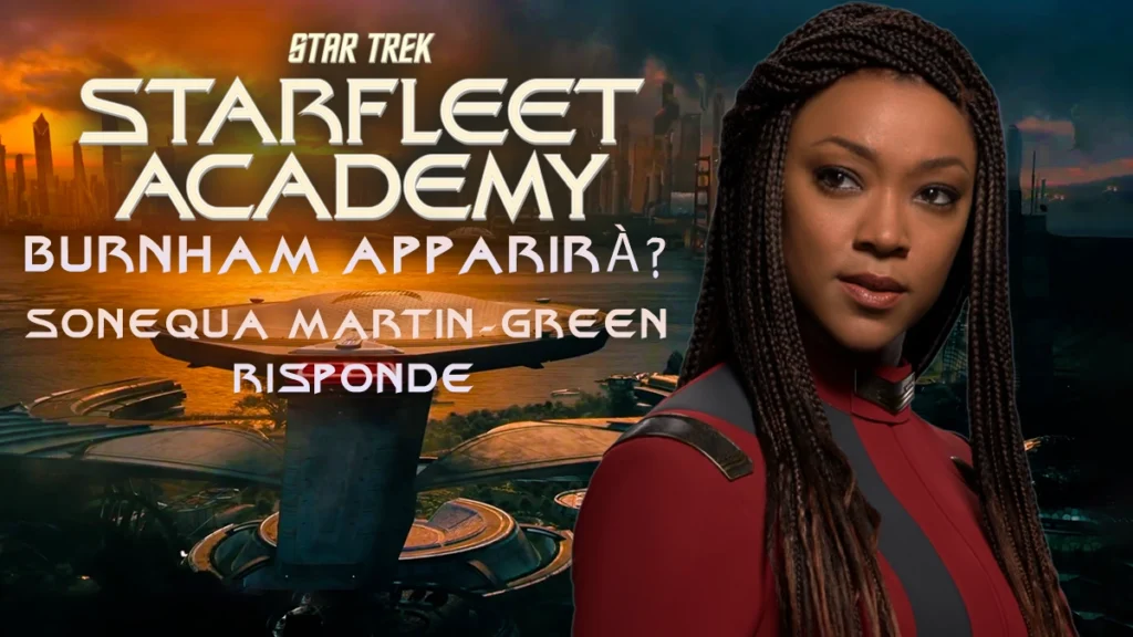Un poster promozionale per un articolo di "extratrek.it" su Star Trek: Starfleet Academy, con Sonequa Martin-Green nel ruolo di Michael Burnham e il testo "Burnham apparirà? Sonequa Martin-Green risponde".