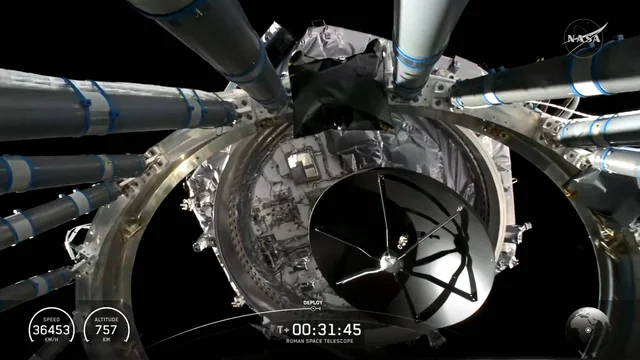 Il momento del distacco del telescopio spaziale Nancy Grace Roman dal secondo stadio del Falcon Heavy. Credito: SpaceX