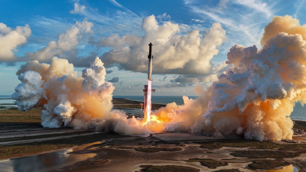 Il lancio, avvenuto alle 14: 48 italiane, della Starship S41 con il booster 21 per il 14° test di volo. Credito: SpaceX